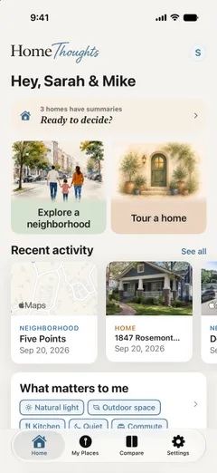 The HomeThoughts dashboard greeting Sarah and Mike, with a row saying 3 homes have summaries and asking if they are ready to decide, illustrated buttons to explore a neighborhood or tour a home, recent activity cards, and a card of the priorities that matter to them