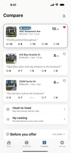 The Where You Stand comparison showing toured homes side by side with first impressions and what stood out at each