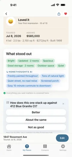 A Home Summary Report at a glance: the buyer's own first impression of 10 out of 10, the tags for what stood out, and HomeThoughts AI highlights quoting their notes about the light, the commute and the quiet street