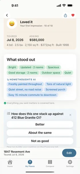 A Home Summary Report at a glance: the buyer's own first impression of 10 out of 10, the tags for what stood out, and HomeThoughts AI highlights quoting their notes about the light, the commute and the quiet street