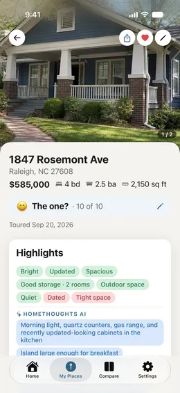 The home summary for 1847 Rosemont Ave: a full width photo of the house, $585,000 with 4 beds, 2.5 baths, and 2,150 square feet, the buyer's own first impression of 10 out of 10, and a Highlights card with tags from Bright and Updated to Dated and Tight space, plus HomeThoughts AI highlights about the morning light and the kitchen