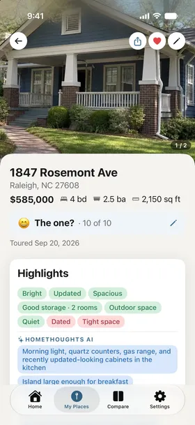The home summary for 1847 Rosemont Ave: a full width photo of the house, $585,000 with 4 beds, 2.5 baths, and 2,150 square feet, the buyer's own first impression of 10 out of 10, and a Highlights card with tags from Bright and Updated to Dated and Tight space, plus HomeThoughts AI highlights about the morning light and the kitchen