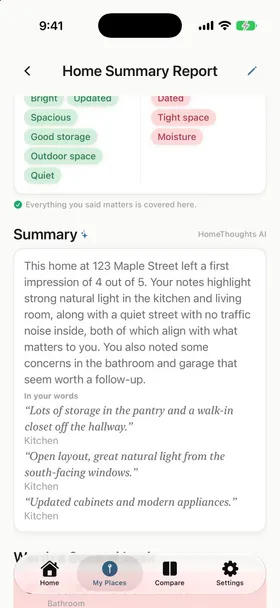 A Home Summary Report quoting the buyer's notes about storage and light, with loved tags and watch-outs at a glance
