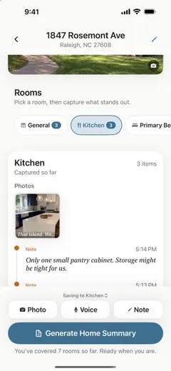 A home's capture screen organized by room, with kitchen photos and notes saved so far and a pinned tray of Photo, Voice, and Note buttons