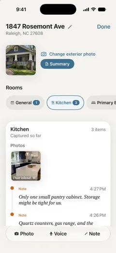 The capture screen for 1847 Rosemont Ave with room tabs for General, Kitchen, and Primary Bedroom, the Kitchen card holding a photo of the island and notes about tight pantry storage, and a floating bar of Photo, Voice, and Note buttons