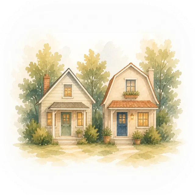 Two small houses side by side under a soft sky