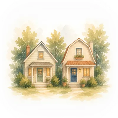Two small houses side by side under a soft sky