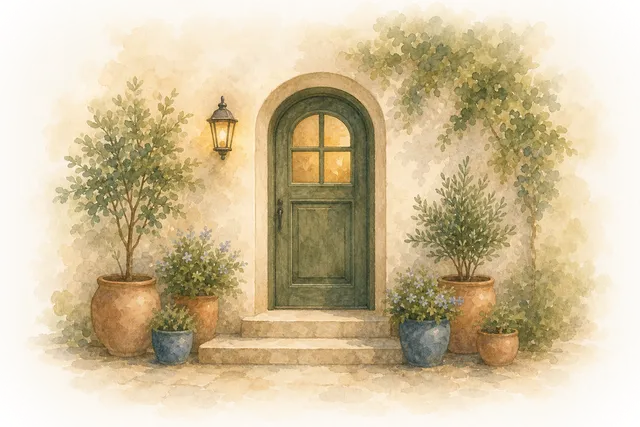 A welcoming front door with potted plants on the step