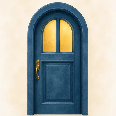 An arched blue front door framed by soft greenery