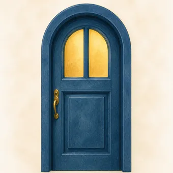 An arched blue front door framed by soft greenery